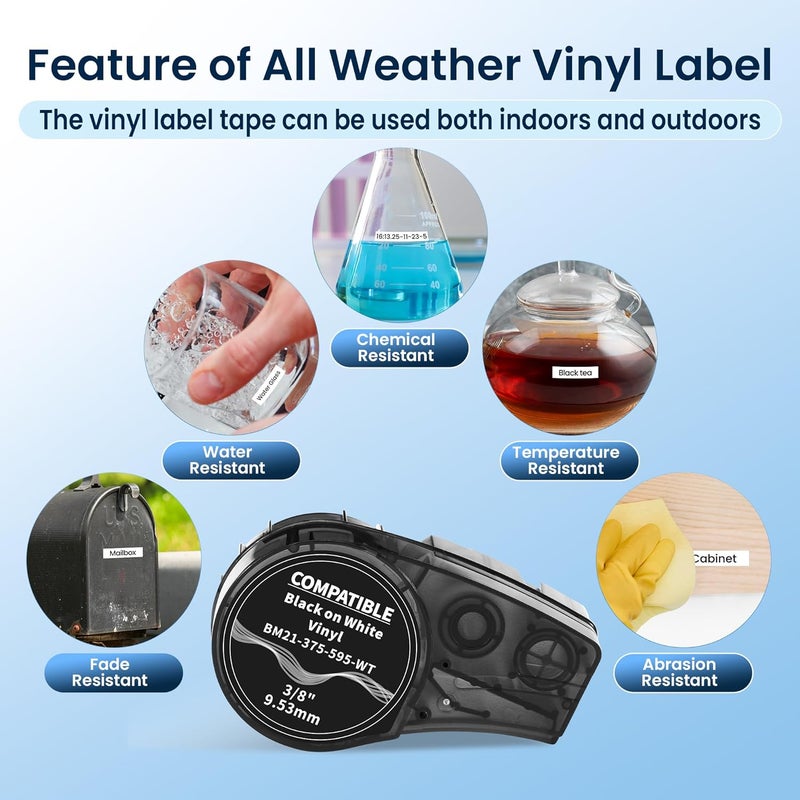 Wonfoucs Compatible Label Tape Replacement for M21-375-595-WT All-Weather Vinyl Labels Tape for Indoor/Outdoor ID, Lab and Equipment Labeling, Black on White, .375" 21' L, 4 Pack - Image 3